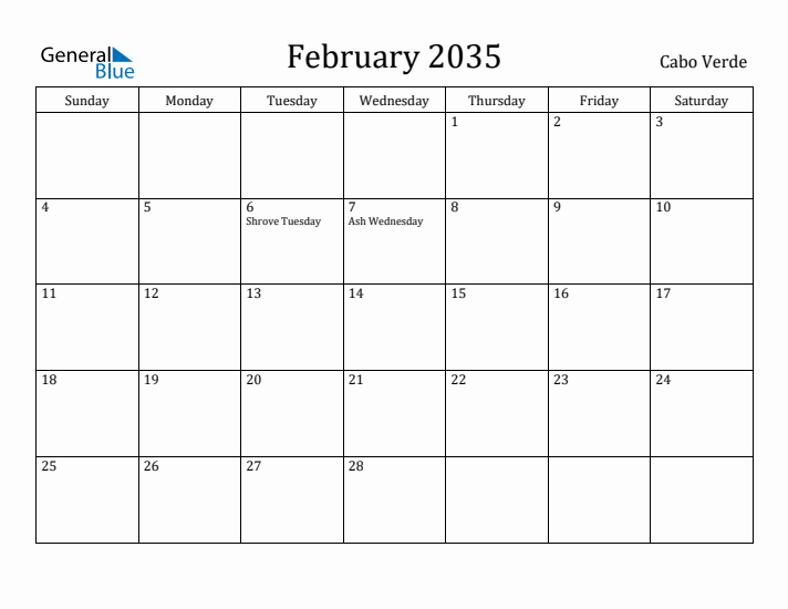 February 2035 Calendar Cabo Verde