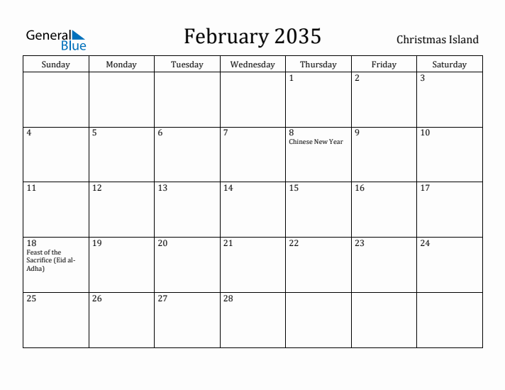 February 2035 Calendar Christmas Island