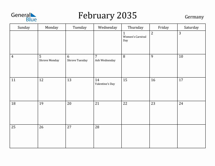 February 2035 Calendar Germany