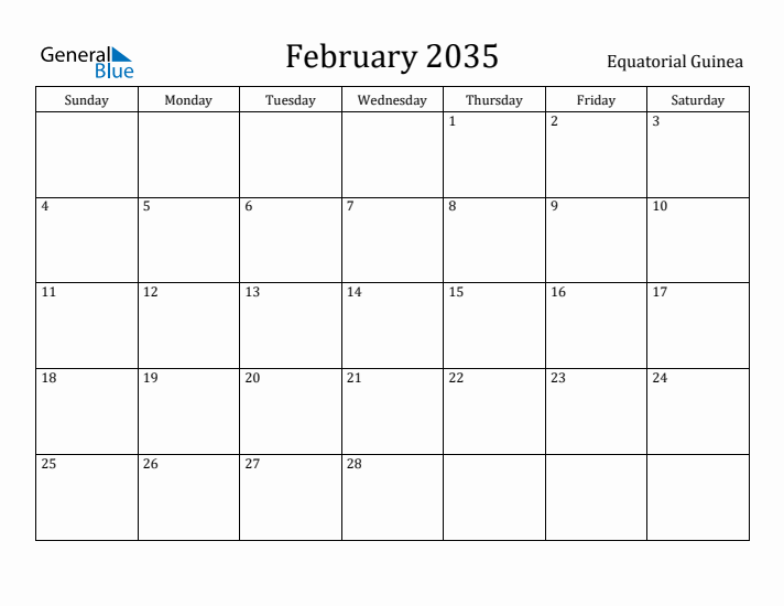 February 2035 Calendar Equatorial Guinea