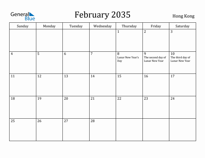 February 2035 Calendar Hong Kong