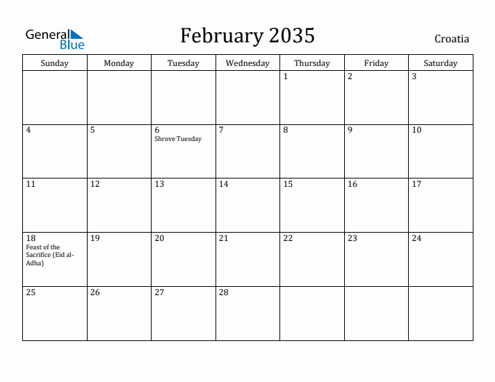 February 2035 Calendar Croatia