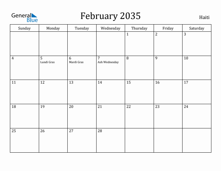 February 2035 Calendar Haiti