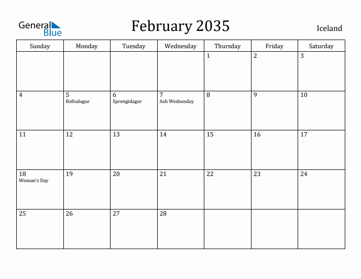 February 2035 Calendar Iceland