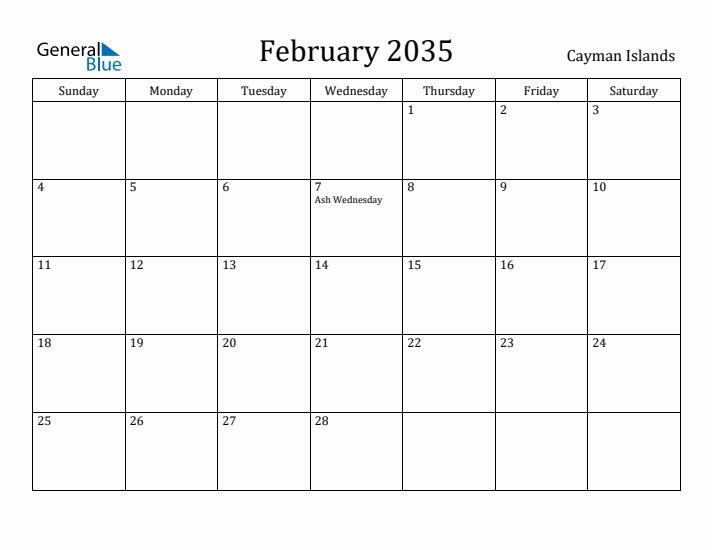 February 2035 Calendar Cayman Islands