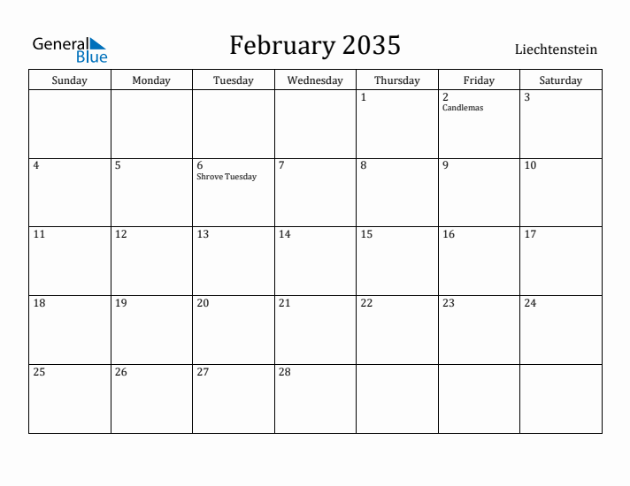February 2035 Calendar Liechtenstein