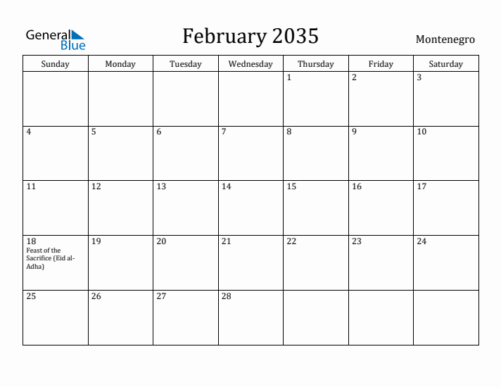 February 2035 Calendar Montenegro