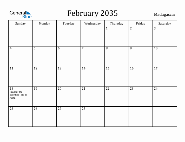 February 2035 Calendar Madagascar