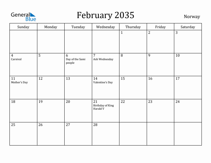 February 2035 Calendar Norway