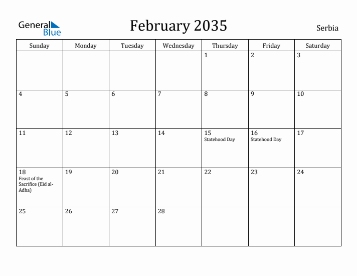 February 2035 Calendar Serbia