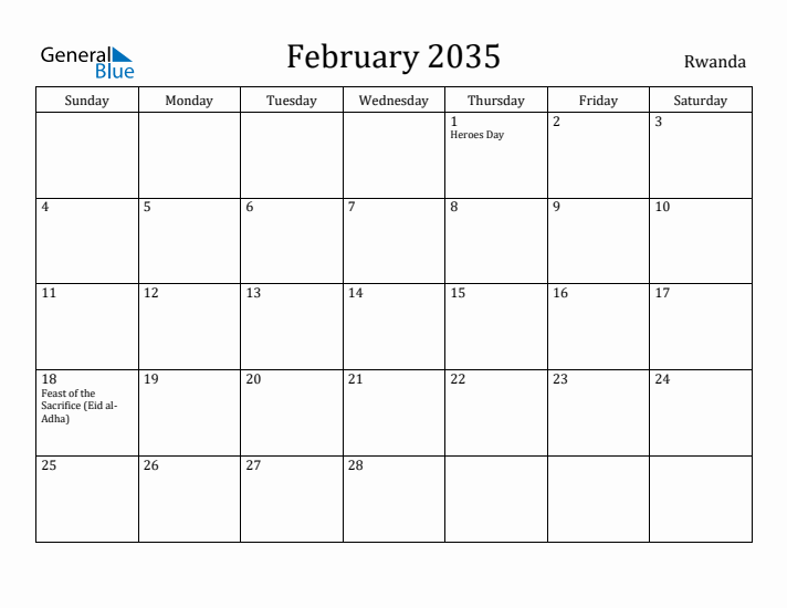 February 2035 Calendar Rwanda