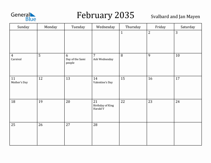 February 2035 Calendar Svalbard and Jan Mayen