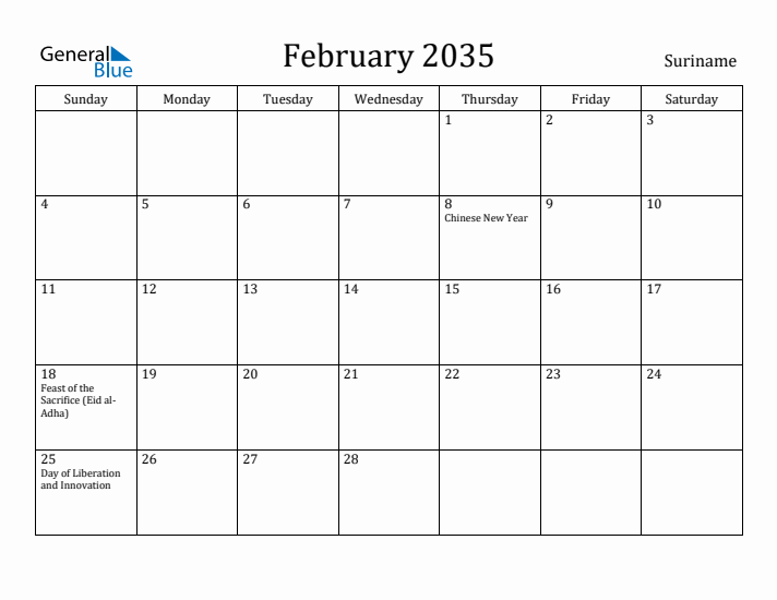 February 2035 Calendar Suriname
