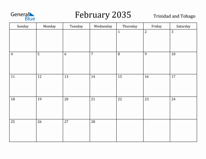 February 2035 Calendar Trinidad and Tobago