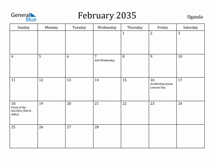 February 2035 Calendar Uganda