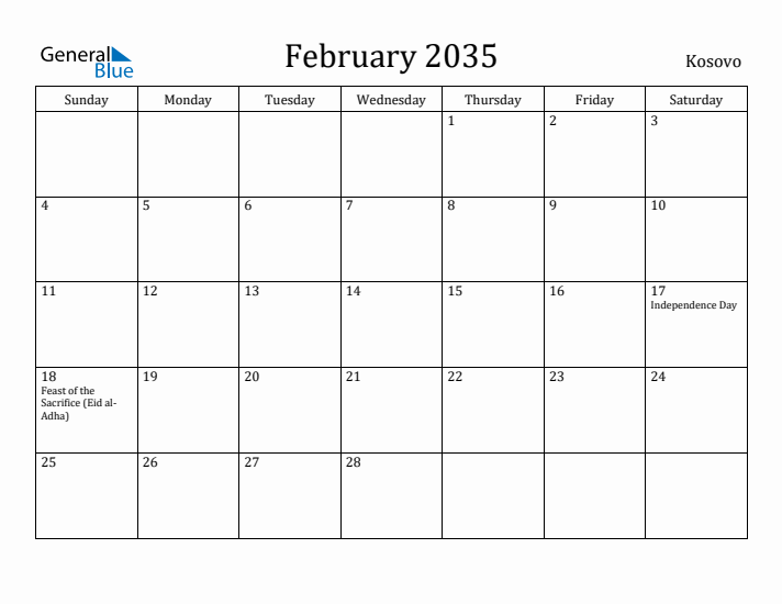 February 2035 Calendar Kosovo