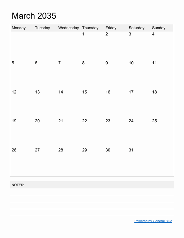 Basic Monthly Calendar Template for March 2035