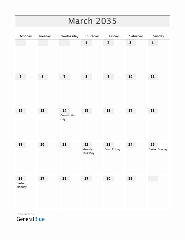 Andorra March 2035 Calendar with Holidays