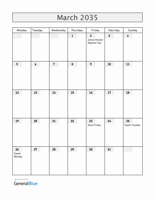 Anguilla March 2035 Calendar with Holidays