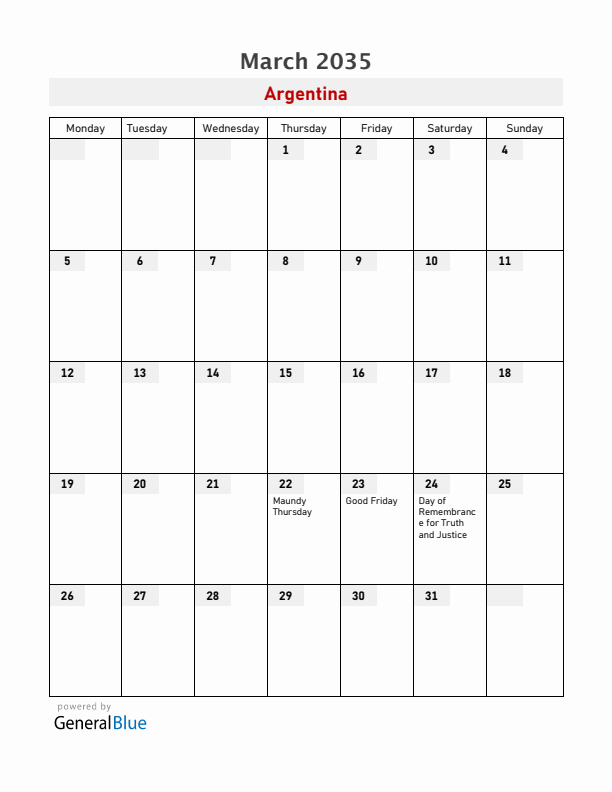 Argentina March 2035 Calendar with Holidays