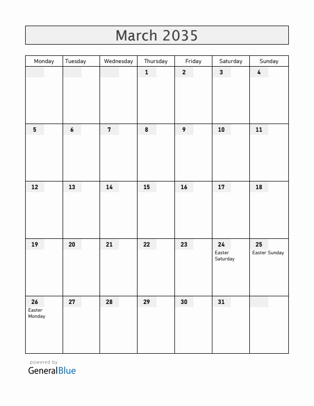 Austria March 2035 Calendar with Holidays