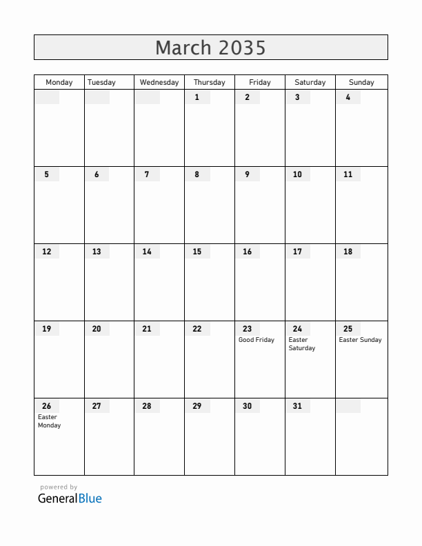Australia March 2035 Calendar with Holidays