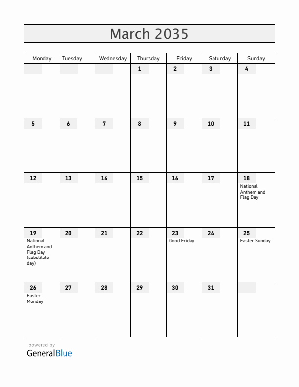 Aruba March 2035 Calendar with Holidays