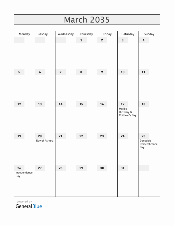 Bangladesh March 2035 Calendar with Holidays