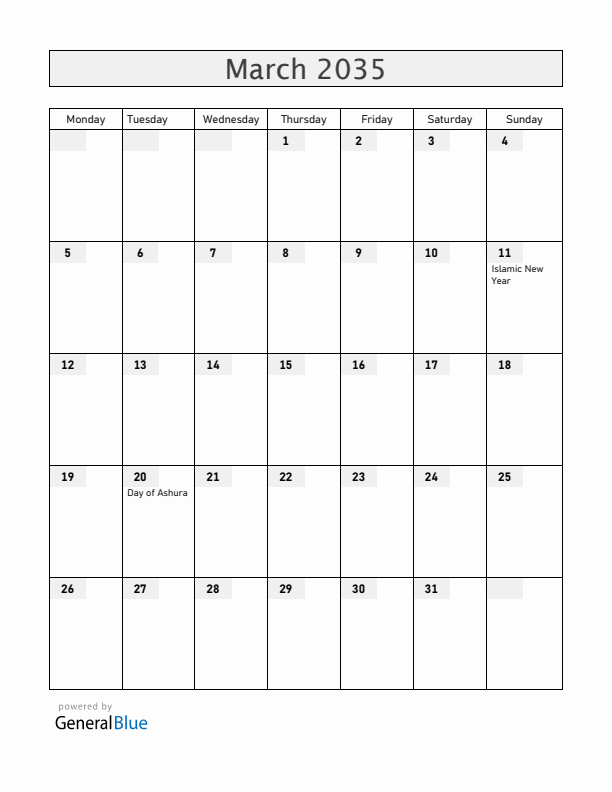 Bahrain March 2035 Calendar with Holidays