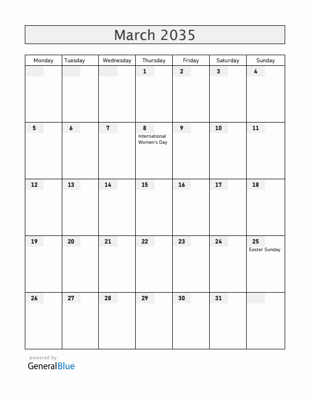 Belarus March 2035 Calendar with Holidays