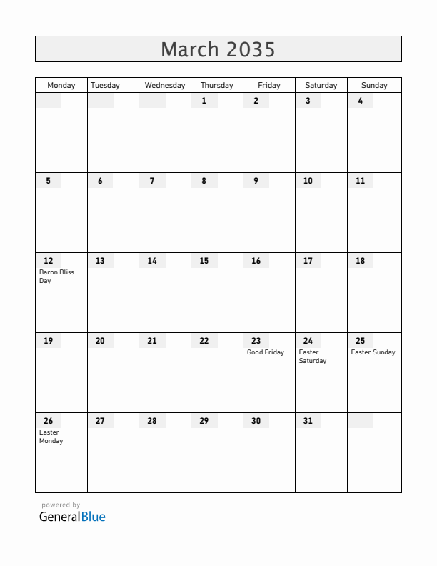 Belize March 2035 Calendar with Holidays