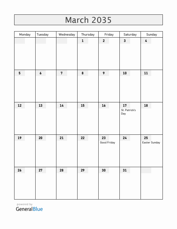 Canada March 2035 Calendar with Holidays
