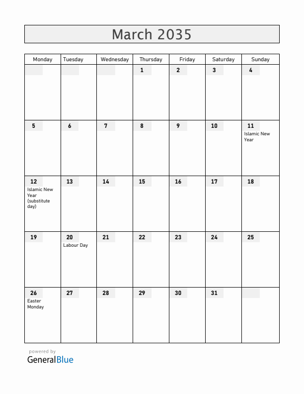 Cocos Islands March 2035 Calendar with Holidays