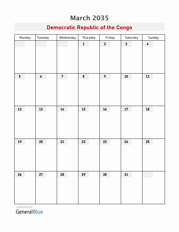 Democratic Republic of the Congo March 2035 Calendar with Holidays