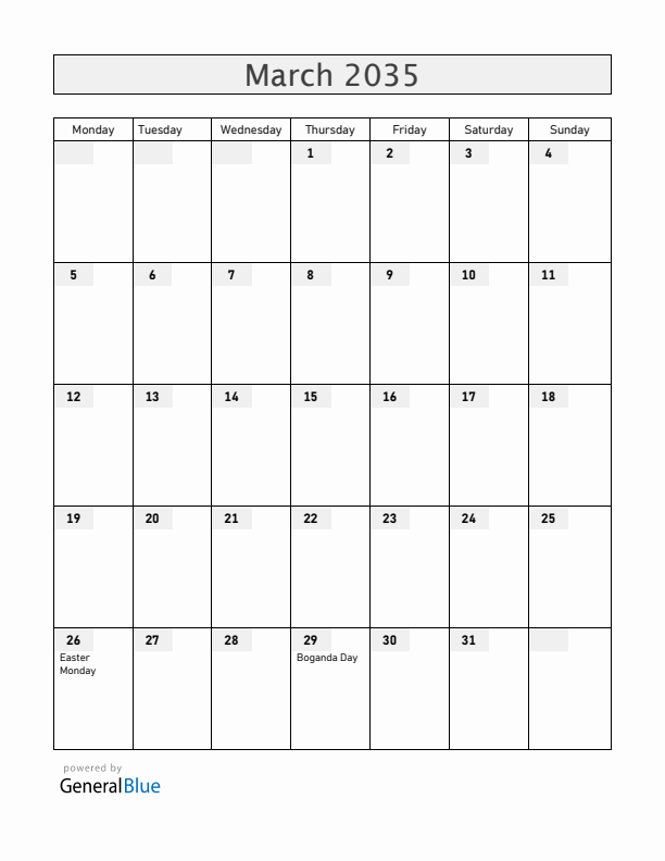 Central African Republic March 2035 Calendar with Holidays
