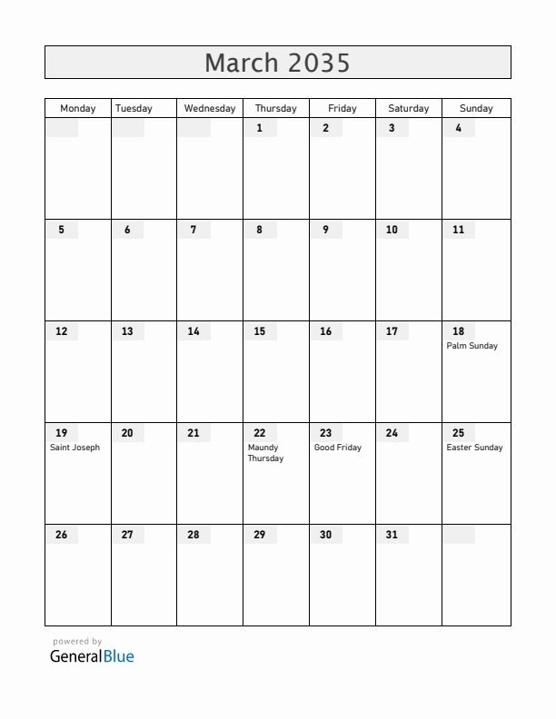 Colombia March 2035 Calendar with Holidays