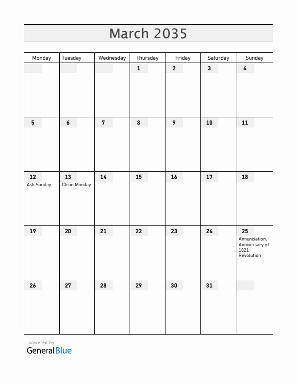 Cyprus March 2035 Calendar with Holidays