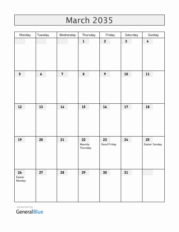 Denmark March 2035 Calendar with Holidays