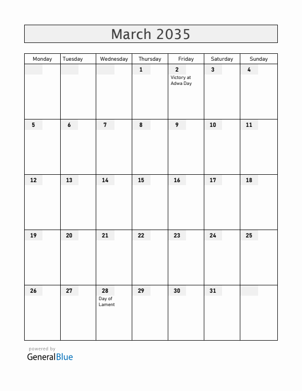 Ethiopia March 2035 Calendar with Holidays