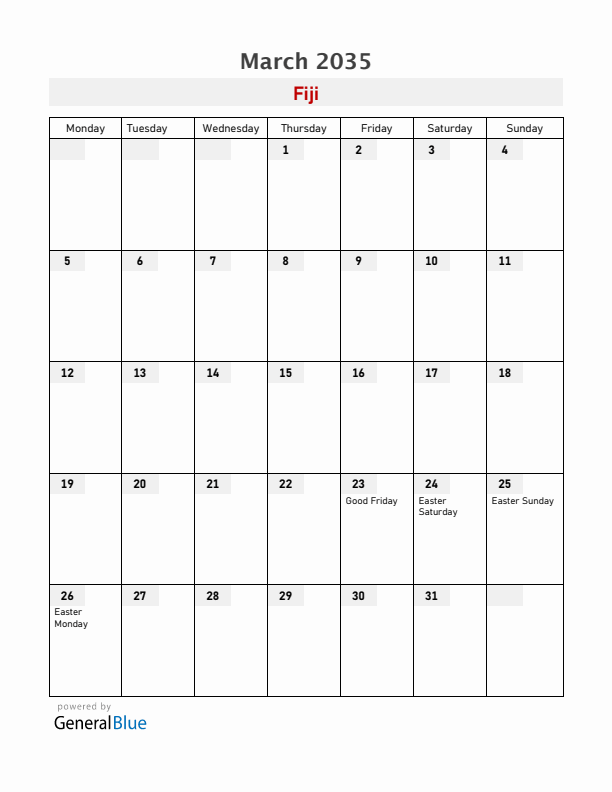 Fiji March 2035 Calendar with Holidays