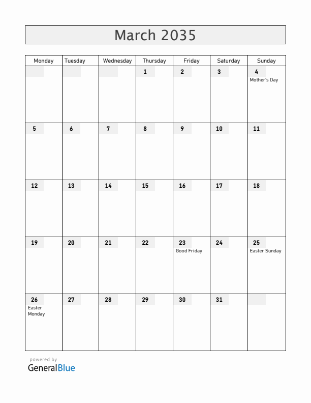 Guernsey March 2035 Calendar with Holidays