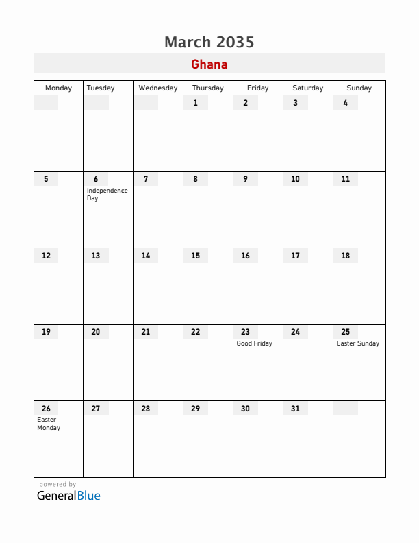 Ghana March 2035 Calendar with Holidays