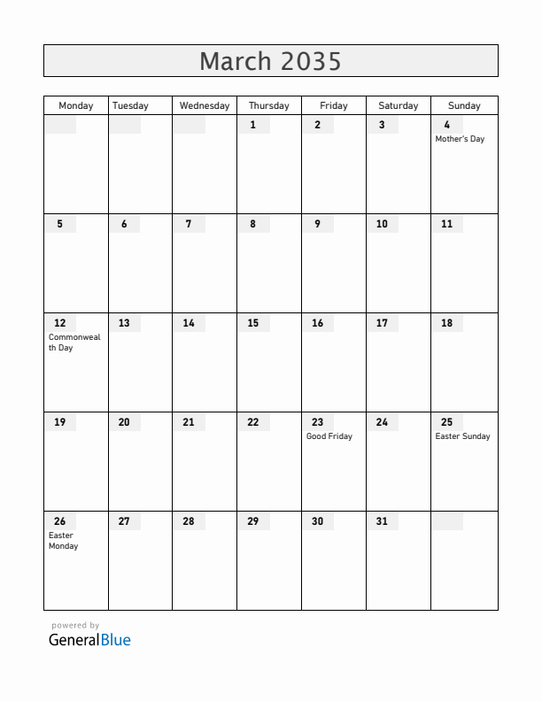 Gibraltar March 2035 Calendar with Holidays