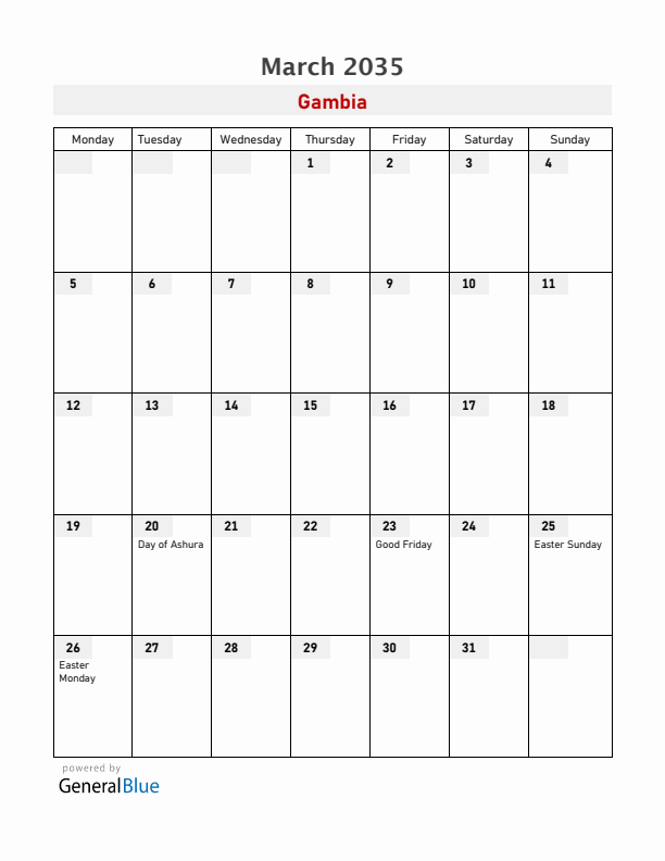 Gambia March 2035 Calendar with Holidays