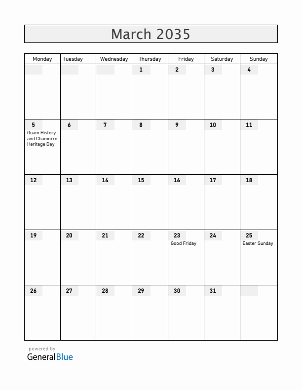 Guam March 2035 Calendar with Holidays