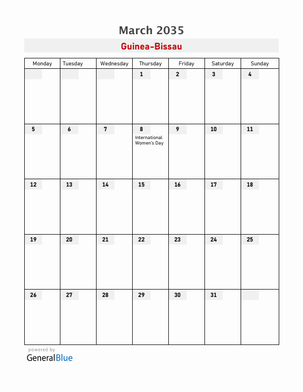 Guinea-Bissau March 2035 Calendar with Holidays