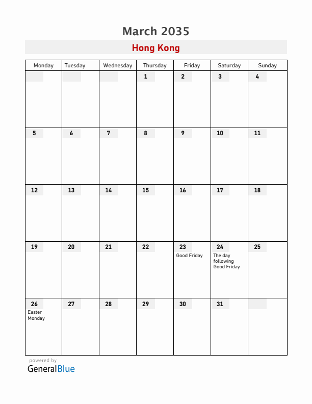 Hong Kong March 2035 Calendar with Holidays