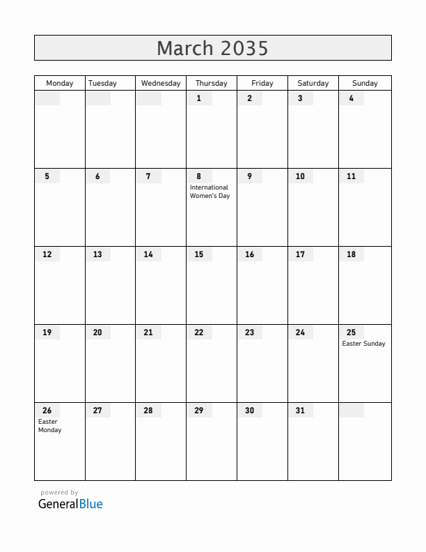 Croatia March 2035 Calendar with Holidays