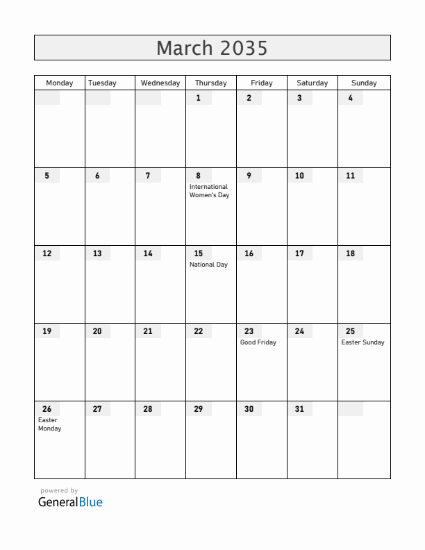 Hungary March 2035 Calendar with Holidays