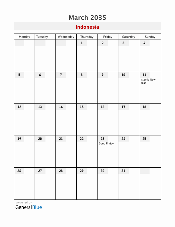 Indonesia March 2035 Calendar with Holidays